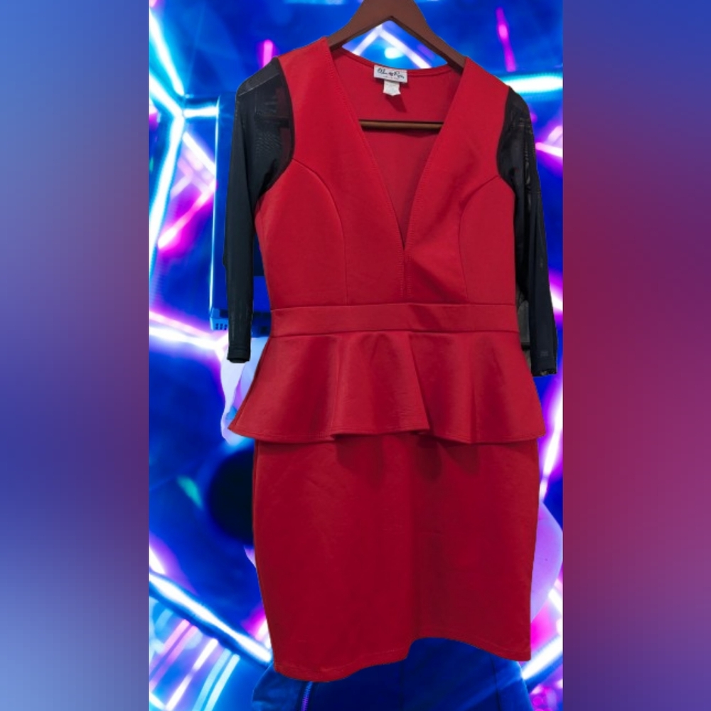 Vintage 1990s Red with Gauze Long MidSleeve Peplum Dress Size XL